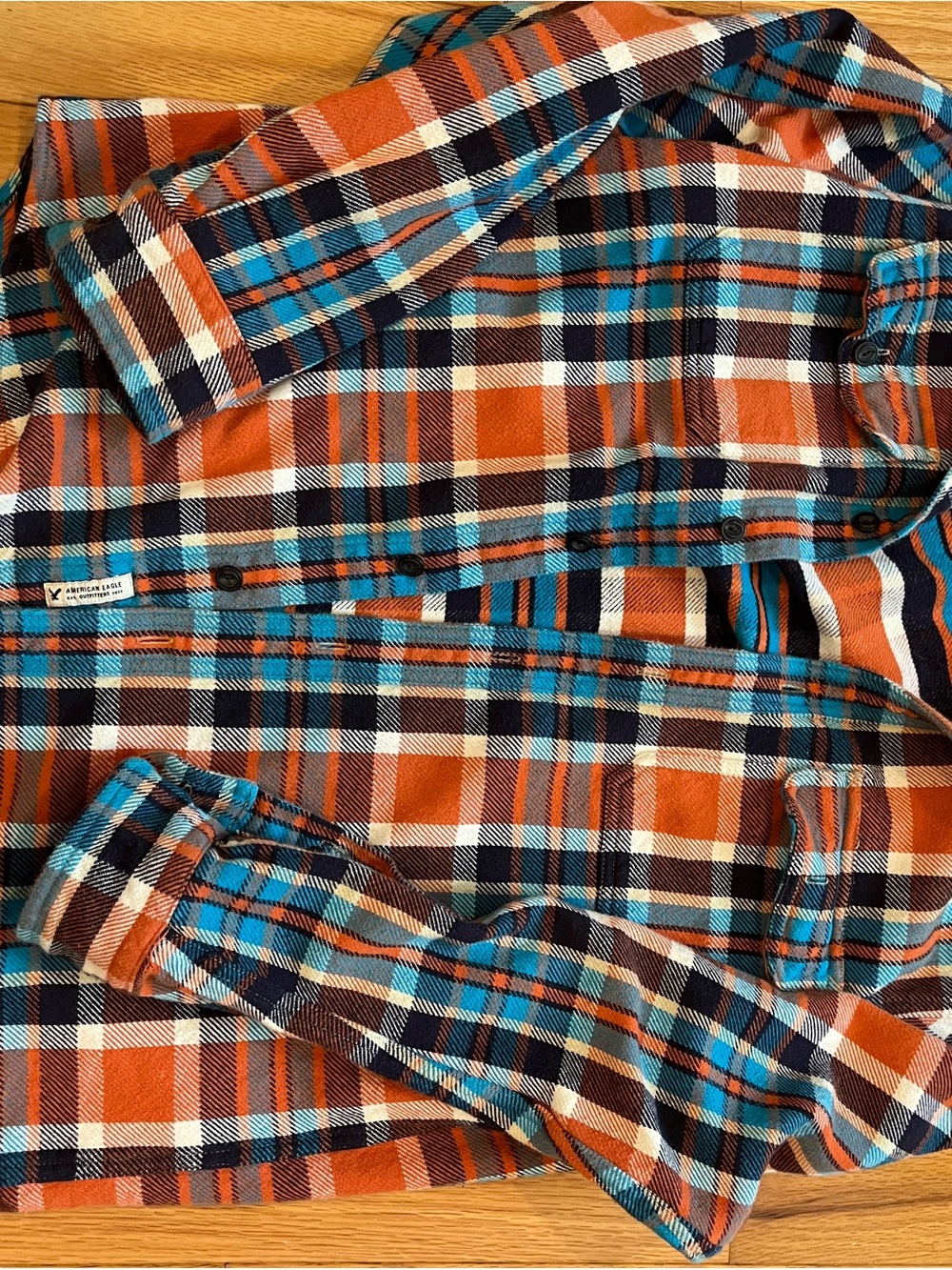 American Eagle Outfitters Orange, Blue & White Plaid Button-Down Shirt
